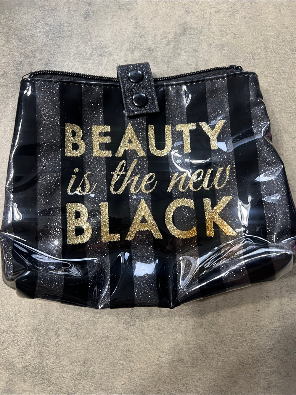 Claire's Black Glitter Stripe Cosmetic Pouch with Gold Lettering